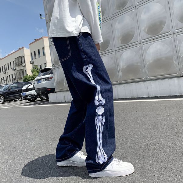 

men s jeans men skeleton baggy casual jean pants mens japan style streetwear wide leg denim trousers male vintage blue 221118
