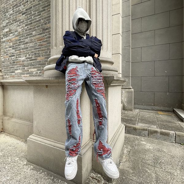 

men's jeans printed baggy jeans for men vintage light blue loose fit vaqueros y2k hombre fashion casual distressed wash straight denim