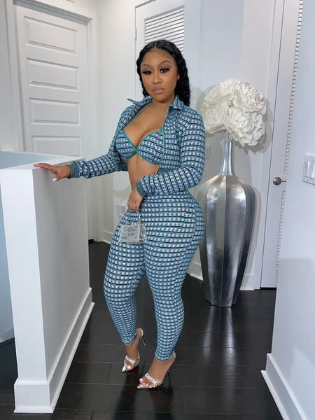 

women s two piece pants echoine blue plaid print 3 pieces set jacket bra and street outfits matching party 221118, White