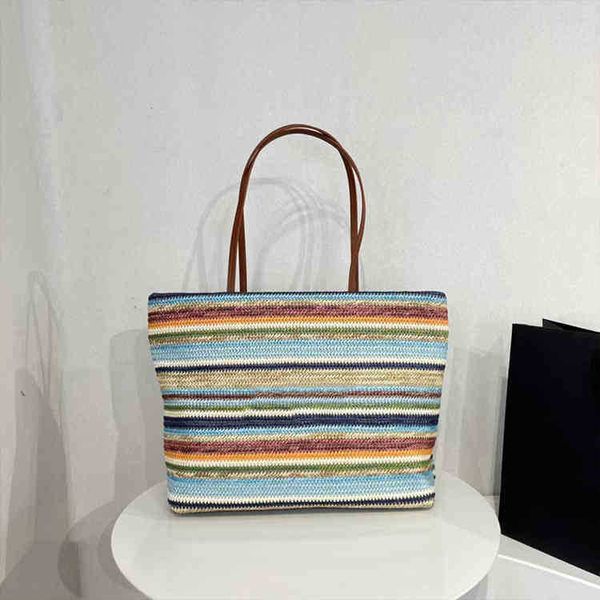 

bags 2023 summer new rainbow stripe holiday beach bag sling single shoulder large capacity shopping grass woven purses