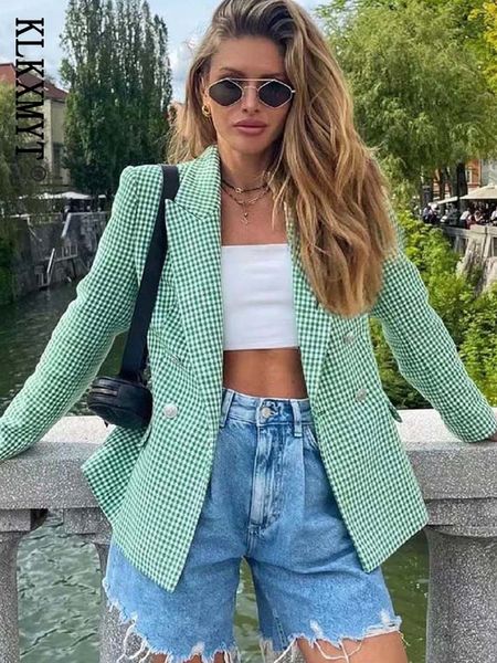

women's suits blazers klkxmyt spring women blazer vintage houndstooth casual coat office ladies double breasted outerwear chic slim 22, White;black