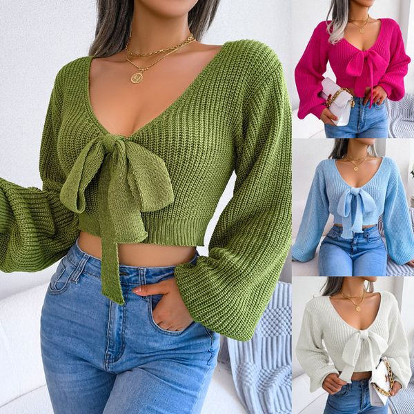 

new designer sweater women autumn and winter european and american fashion bow knot v-neck lantern sleeve open navel sweaters womens clothin, White;black
