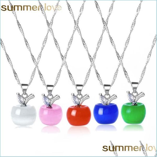 

pendant necklaces cute apple pendant necklace pink opal stone sier link chain fruit necklaces for women girl fashion lovely jewelry dh6wq, Silver