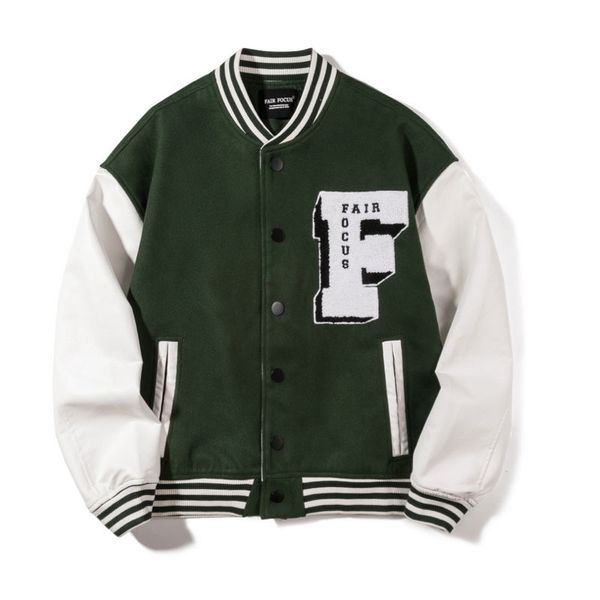

men's down parkas embroidery baseball jacket men f letter printed leather patchwork high street college bomber jacket men oversize m2xl, Black