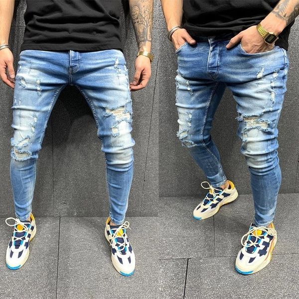 

men's jeans men's wear and tear feet stretch jeans personality fashion slim skinny jeans men's fashion clothing trousers 2211, Blue