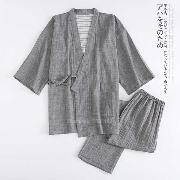 

men's sleepwear traditional japanese kimono for men pajamas set solid color pure cotton samurai sleepwear set bathing yukata nightwear, Black;brown