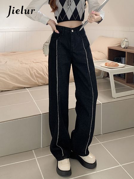 

women's jeans jielur simple stripe black jeans for women korean style autumn high waist denim pants woman loose straight wide leg jeans, Blue