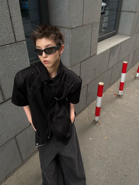 

men's casual shirts s6xl men's black openthread contrasting color cascading removable shoulder pads double zipper short sleeve shi, White;black