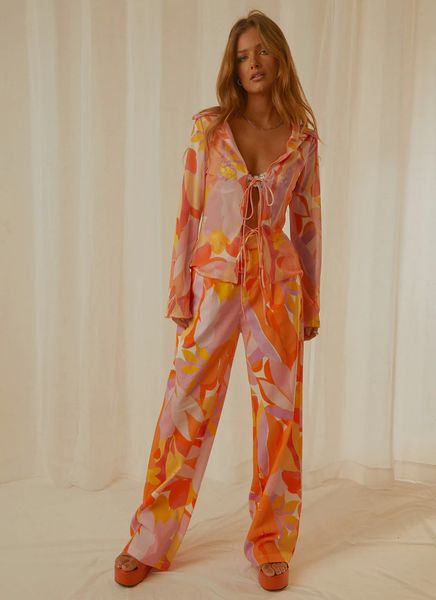 

women s two piece pants set printed long sleeve front tie high waist straight casual simple 221119, White