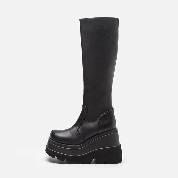 

boots women leather shoes spring winter high platform heels elasticity motorcycles black goth zip women's knee 221118