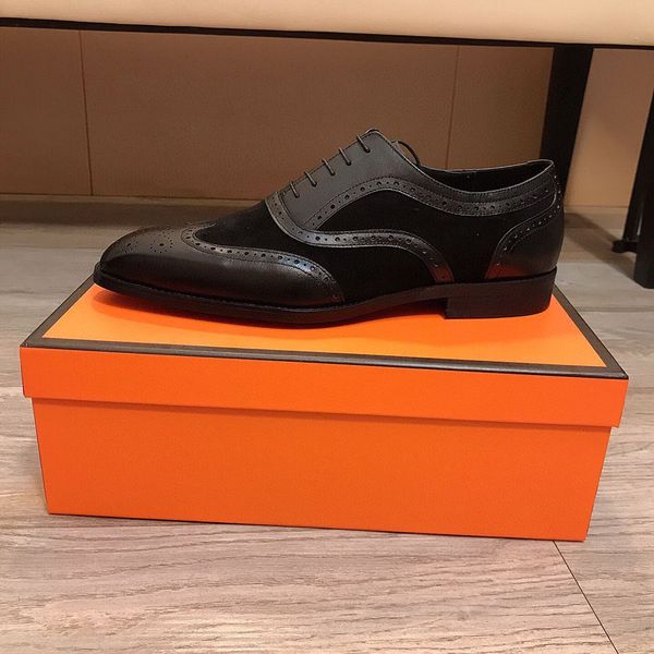

2022 formal dress shoes handmade brogue style genuine leather party wedding shoes brand designer leisure men knitted flats oxfords size 38-4, Black