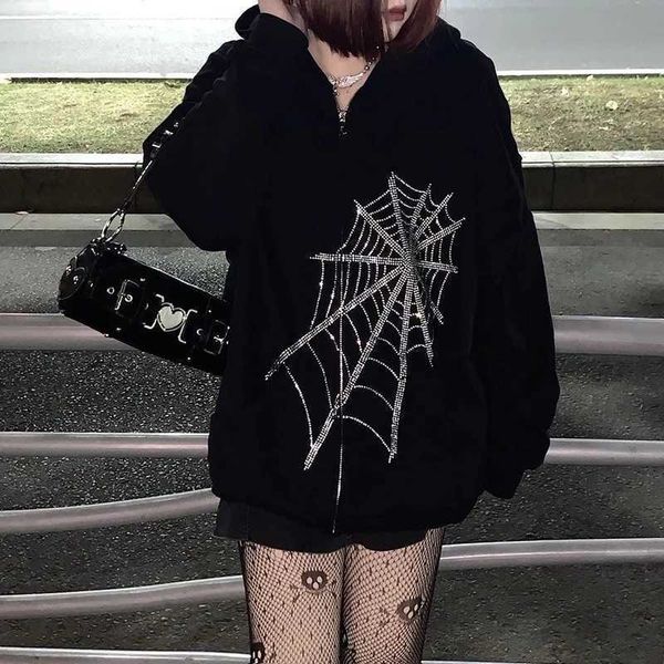 

men's hoodies sweatshirts y2k rhinestone cobweb zip up oversized sweatshirt 2022 goth hoodie men women grunge hooded jacket streetwear, Black