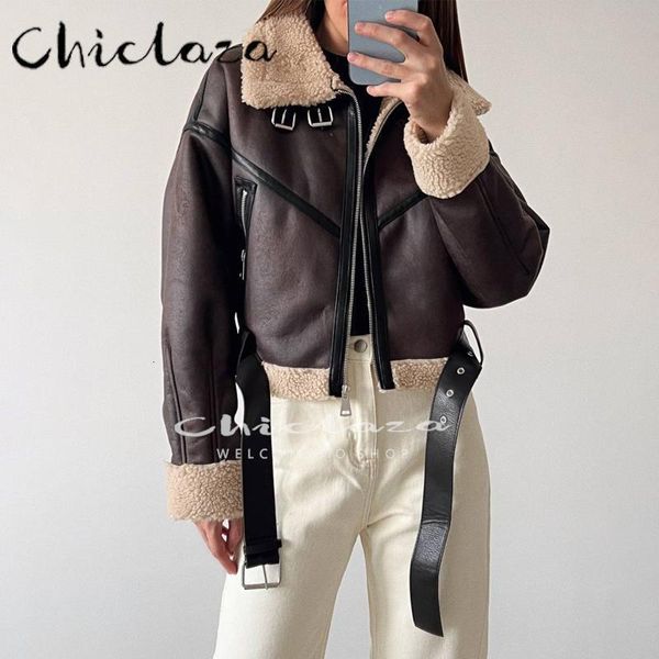 

womens leather faux chiclaza winter women short with belt warm jacket coat female casual long sleeve lamb wool thick biker outwear 221118, Black
