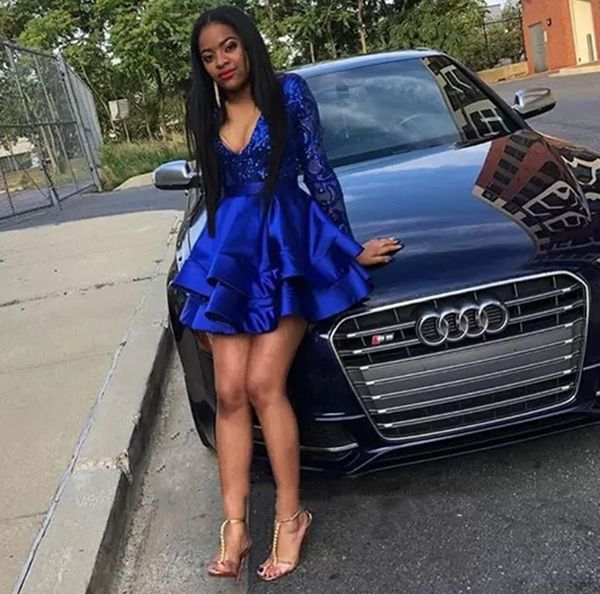 

royal blue women prom party dress 2023 satin tiered long sleeves sequins v neck short formal gowns robes de soiree vestidos fieast, Black