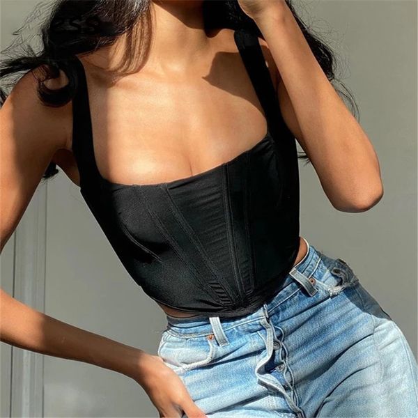 

women's tanks camis spring summer black off shoulder crop corset women square collar party tank ladies backless casual bustier 221119, White