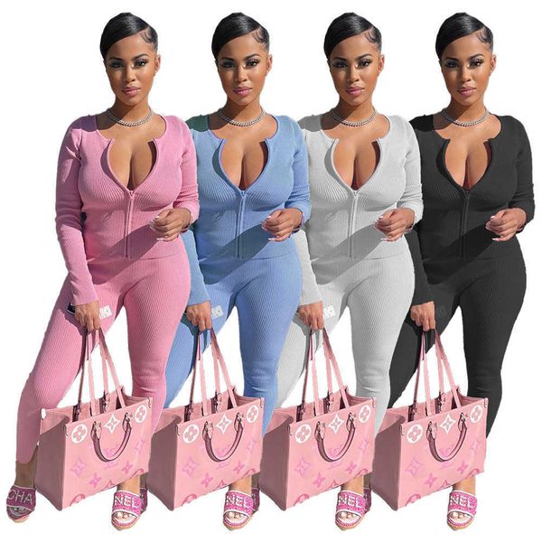 

women's two piece pants streetwear knitted rib solid two piece set women zipper v neck long sleeve pants slim tracksuit women lounge we, White