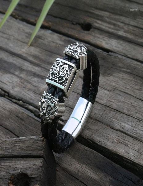 

charm bracelets viking slavic cowhide bracelet men black braided leather cuff stainless steel magnetic clasp 100 genuine bangles18259886, Golden;silver