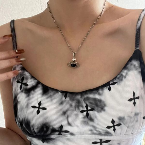 

small gentle pink purple ins simple and exquisite 3d saturn retro pearl necklace sweater chain girl, Silver