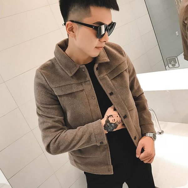 

men's jackets korean fashion youth woven thick woolen coat men's windbreaker men's autumn and winter mink like jacket dress j, Black;brown