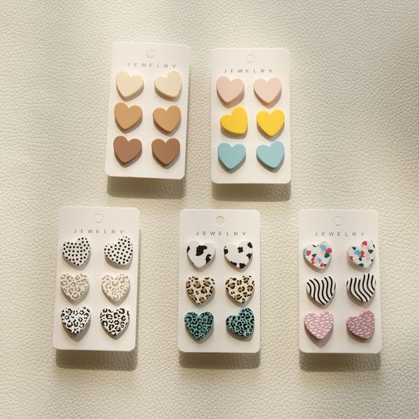 

stud 3pairsset heart acrylic earrings for women macaron colorful dots leopard stripe korea jewelry accessories 221119, Golden;silver