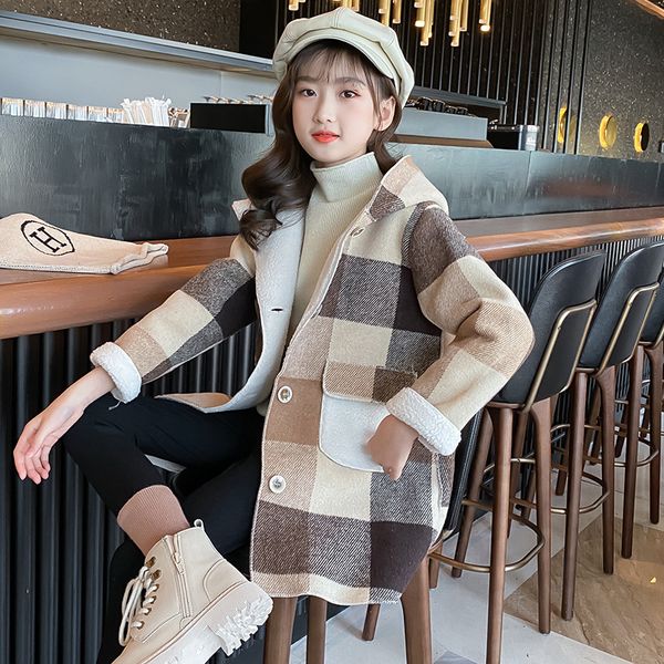 

jackets girls autumn spring clothes medium long models girl windbreaker plaid thickened lamb fashion children woolen cloth coats 221118, Blue;gray