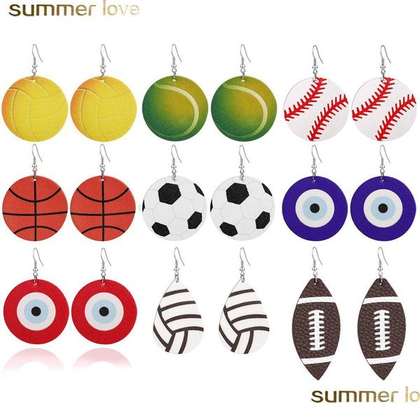 

charm new sports round leather earrings football basketball vollyball evil blue eye light weight ball dangle earring for women drop dhvef, Golden