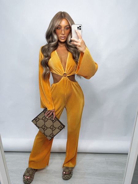 

women s jumpsuits rompers autumn cut out women solid color long sleeve v neck wide leg trousers romper female elegant overalls streetwear 22, Black;white