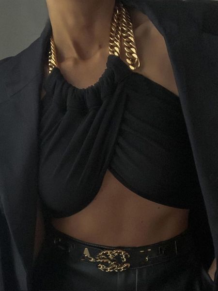 

women's tanks camis summer fashion chic halter chain crop for women backless cropped feminino black wrap streetwear 221119, White