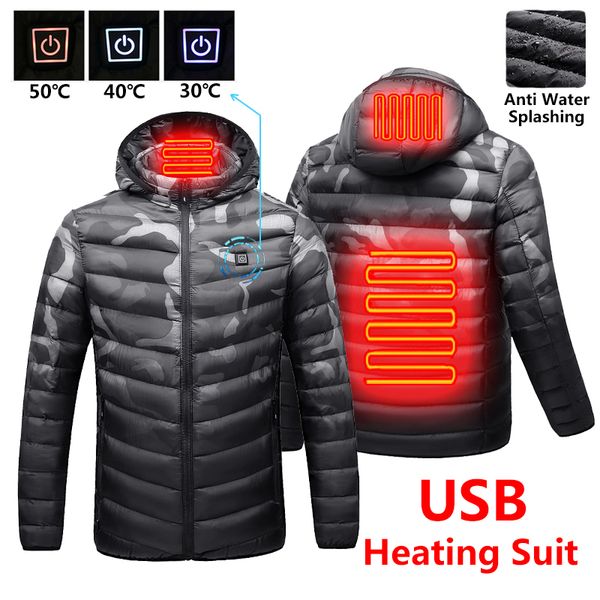 

men's down parkas winter warm usb heating fleece jackets smart thermostat detachable hooded heated waterproof jacket 221118, Black