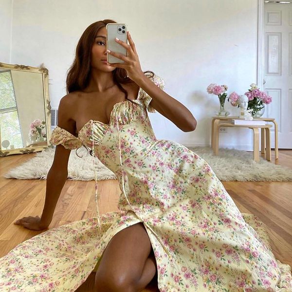 

casual dresses fashion floral print puff short sleeve maxi dress women off shoulder aline split boho beach long dress outfits vestidos 22111, Black;gray