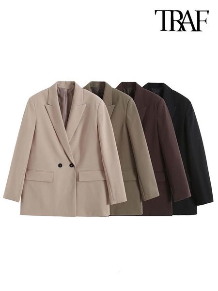 

women's suits blazers traf women fashion double breasted loose fitting blazer coat vintage long sleeve pockets female outerwear chic ve, White;black