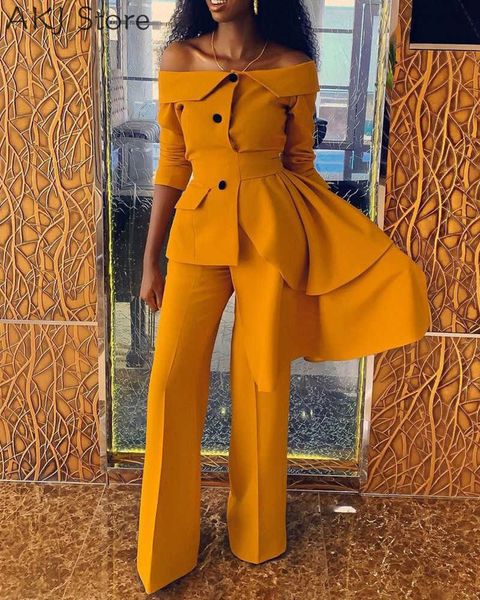 

women's two piece pants women off shoulder ruffles asymmetrical jacket coat pants 2 piece set t221012, White