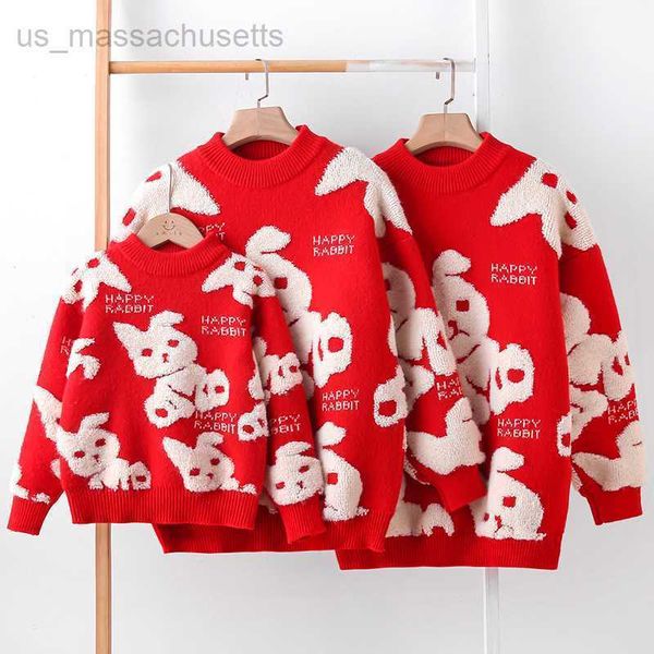 

family matching outfits parents and children sweater family dress women's clothing autumn winter knitwear happiness red rabbit year new, Blue