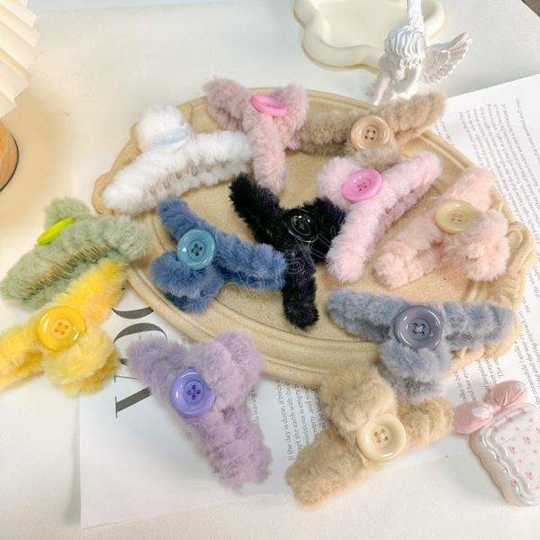 

plush button hair claws autumn winter warm hair clips for women korean hair accesseries trendy fashion barrettes, Slivery;white