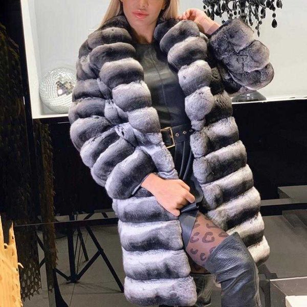 

women's fur faux 90cm long real rex coats for women winter outwear natural chinchilla color overcoats lady 2023, Black