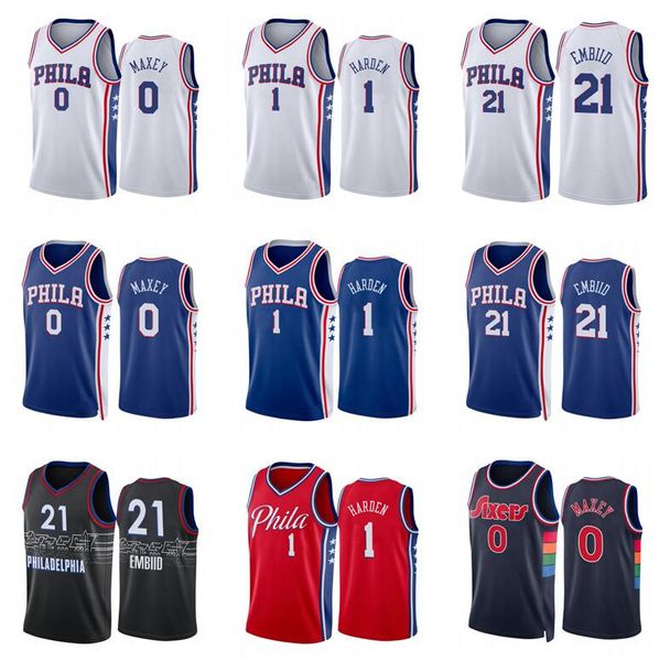 

basketball jerseys james harden jersey joel embiid #21 tyrese maxey #0 basketball jerseys white blue red men youth s-xxl, Black;red