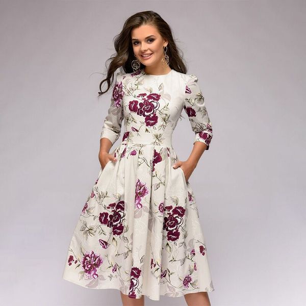 

2022 new autumn and winter women's a-line dress party retro small flowers three quarter sleeves round neck, Black;gray