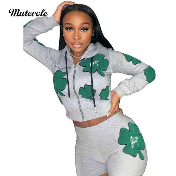 

women's two piece pants mutevole lucky clover leaves print 2 pcs tracksuit women matching sweatshirt and short set zipper drawstring tw, White