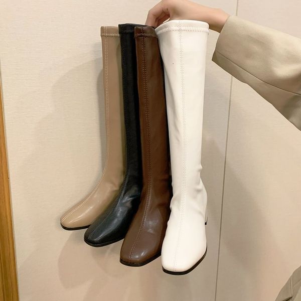 

boots fashion women black block high heels long winter warm knee soft leather thigh shoes 221118