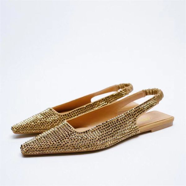 

dress shoes traf woman gold bling flat vintage black back elastic straps single fashion slingbacks female 221118