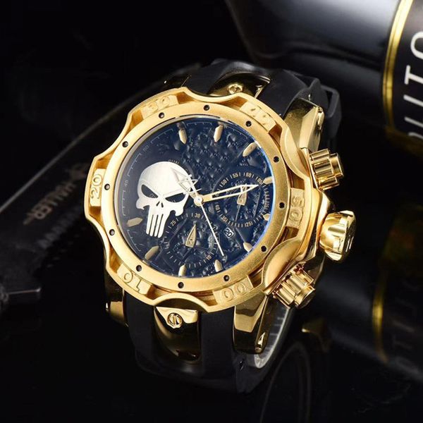 

men's sports quartz watch invicto reserve bolt zeus ghost face large steel dial rubber band world time ordinary, Slivery;brown