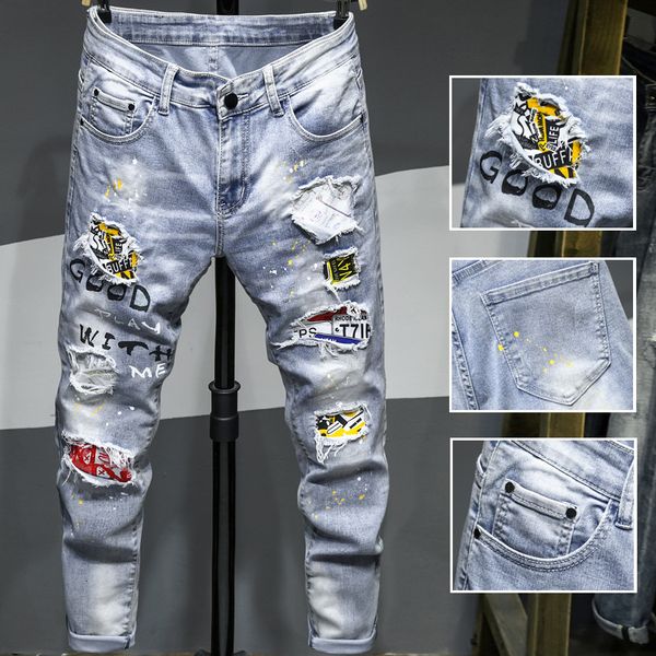 

men s jeans ripped men jean homme pantalon streetwear moda hombre denim trousers biker male patchwork harem fashion 221118, Blue