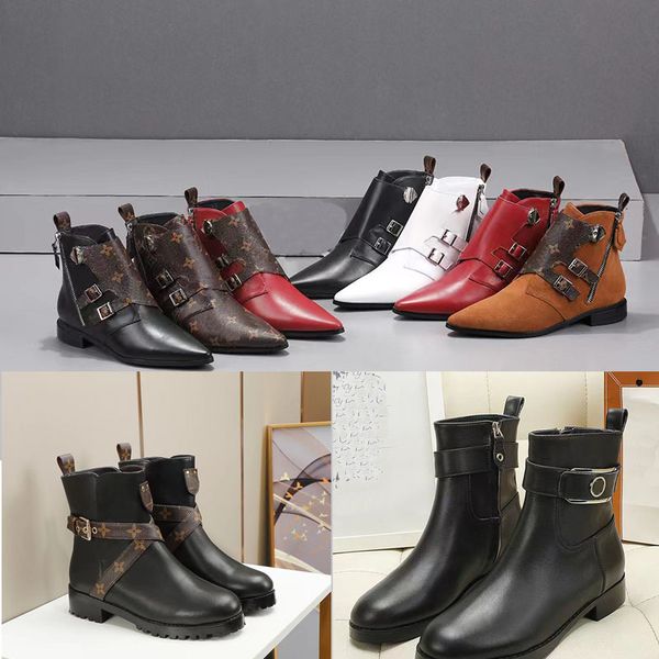 

2022 women designer luxury martin boots solid color leather metal letters casual pointed buckles boots platform non-slip chunky heel ankle l, Black