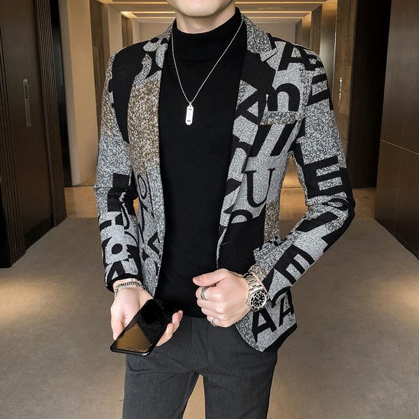 

men's suits blazers letter print wool woolen winter casual suit jacket slim party club wedding social homme s-5xl 221118, White;black