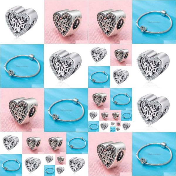 

silver mother day gift authentic loose beads with cz 925 ale sterling sier hearts i love you jewelry charm fit europe style women dr dh95e, Black