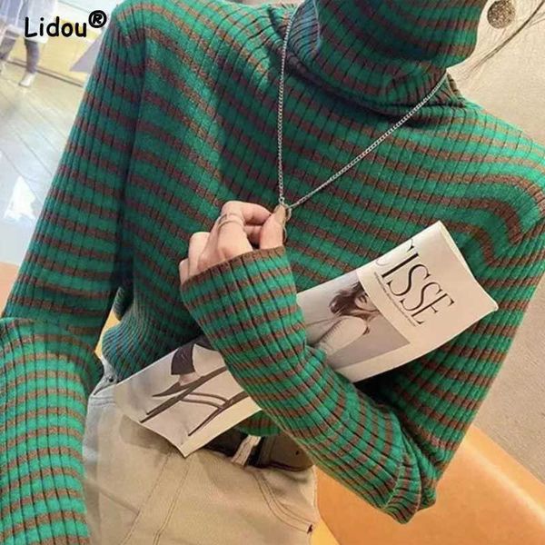 

women's sweaters autumn winter striped turtleneck knitted sweaters for women 2022 new long sleeve women sweater all-match bottoming shi, White;black