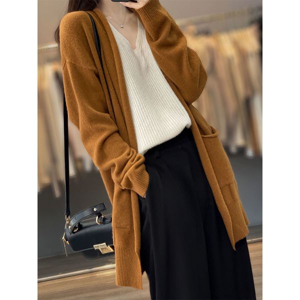 

women's knits tees high end autumn cashmere sweater long sleeve knitted soft kimono 100 pure wool coat ladies vneck cardigans winter 22, White