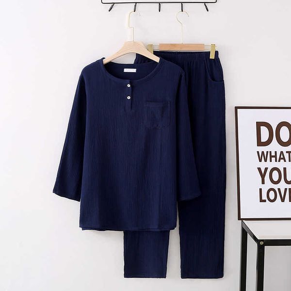 

men's sleepwear men's crepe gauze two buttons long sleeve pants casual home pajamas set four seasons large size loose solid color, Black;brown