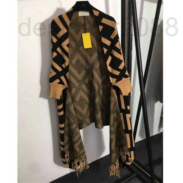 

women's trench coats designer 2021ss fashion ffen women wool knit cape shawl striped jacquard tassel midi coat cchen brand double f let, Tan;black