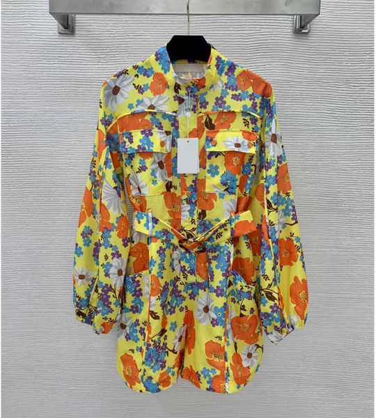 

womens jumpsuits breathable cotton linen fabric stand collar floral print lantern sleeve jumpsuit belt waist folding design romper shorts wo, Black;white
